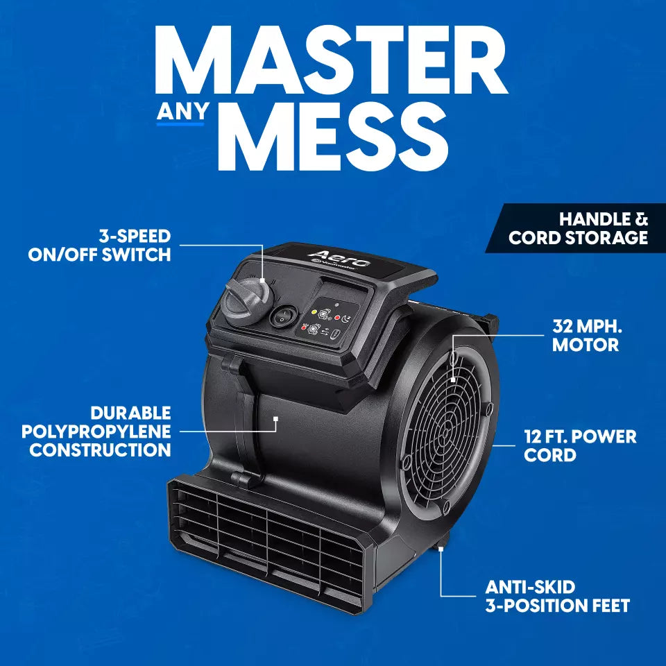 Black air mover with features highlighted on a blue background