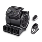 Black air mover with remote control on a white background