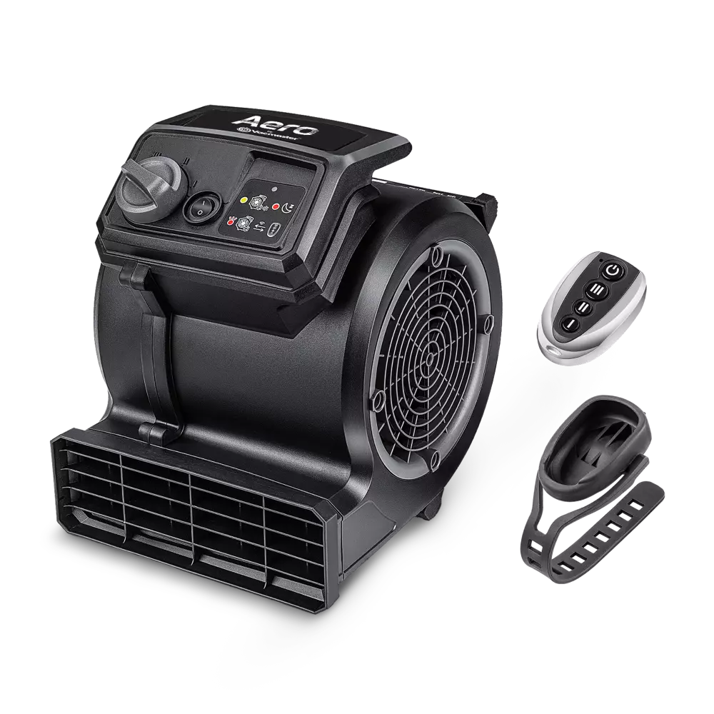 Black air mover with remote control on a white background