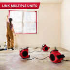 Person using a window sealant gun with text 'Link Multiple Units' above, showing a room with red window sealant and multiple units on the floor.