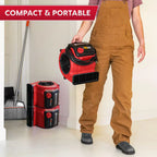 Person holding a red and black portable device with 'Compact & Portable' text above.