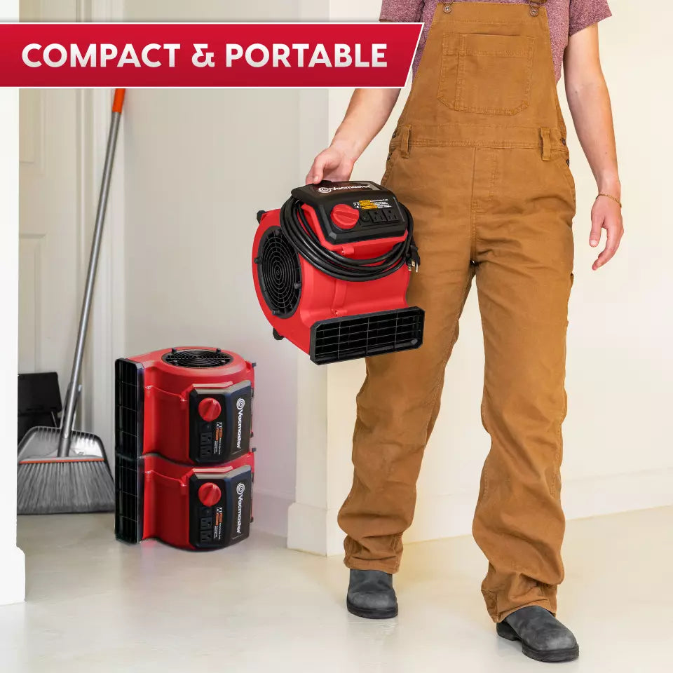 Person holding a red and black portable device with 'Compact & Portable' text above.