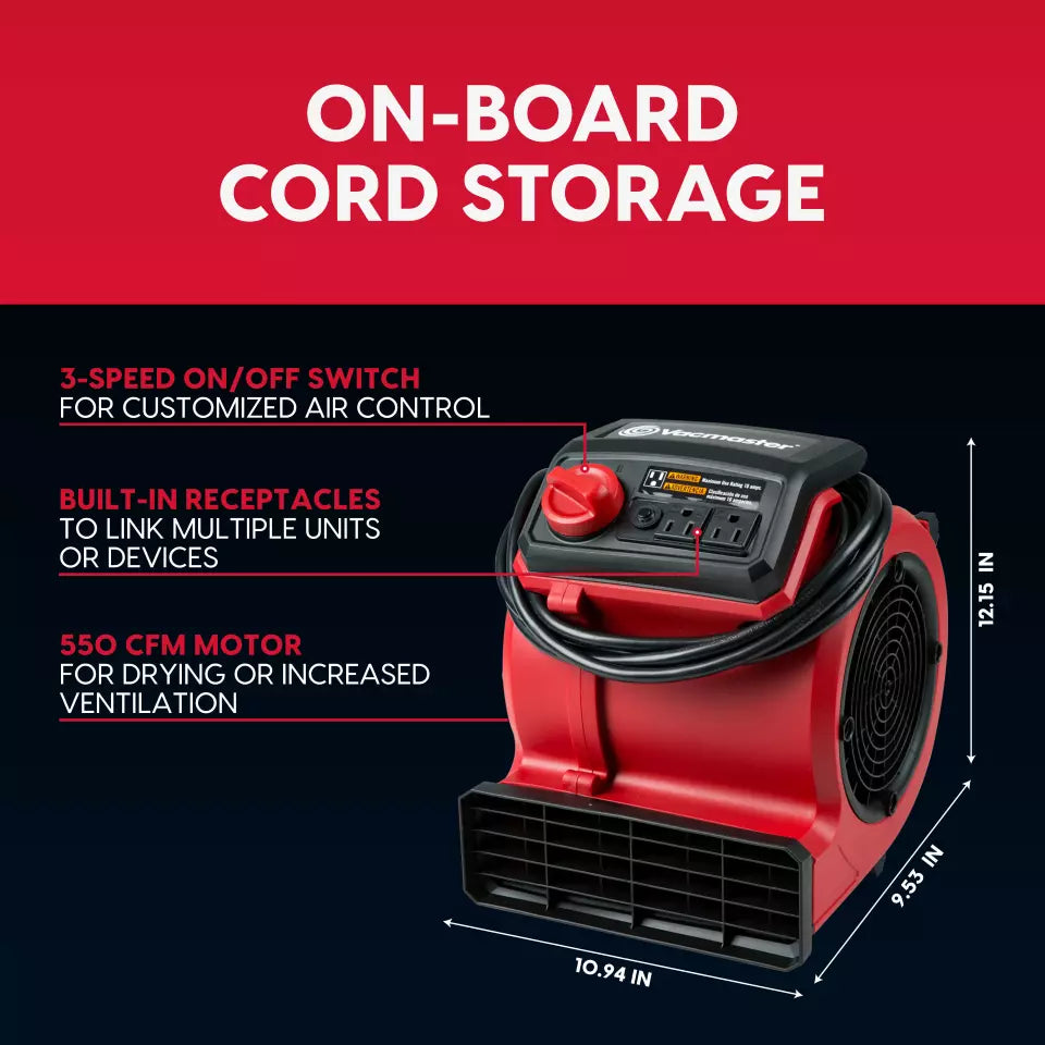 Red air mover with features highlighted on a red and black background