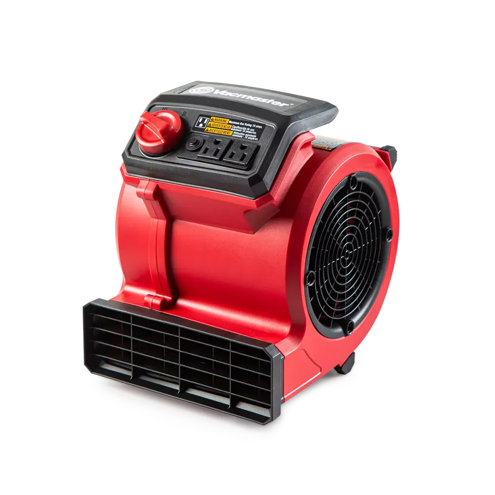 Red air blower with black accents on a white background