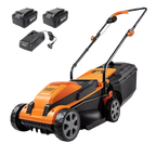 Orange and black lawn mower with batteries and charger on a white background