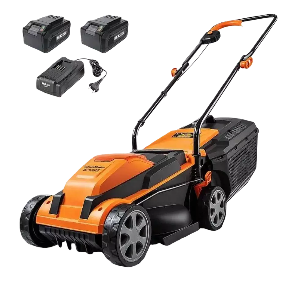 Orange and black lawn mower with batteries and charger on a white background
