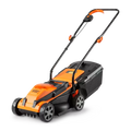 Orange and black lawn mower on a white background