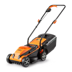 Orange and black lawn mower on a white background