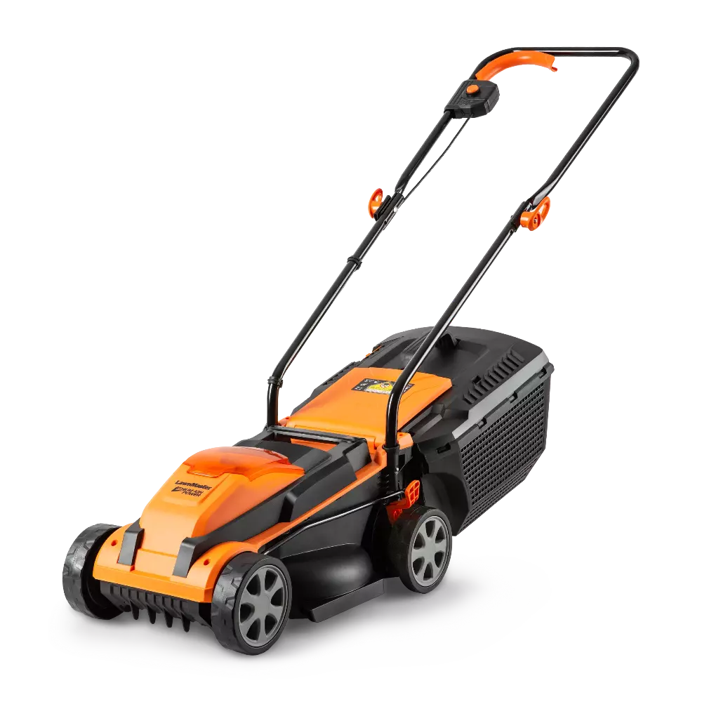 Orange and black lawn mower on a white background
