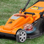 Orange lawn mower on grass with visible brand logo