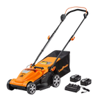 Orange and black lawn mower with accessories on a white background