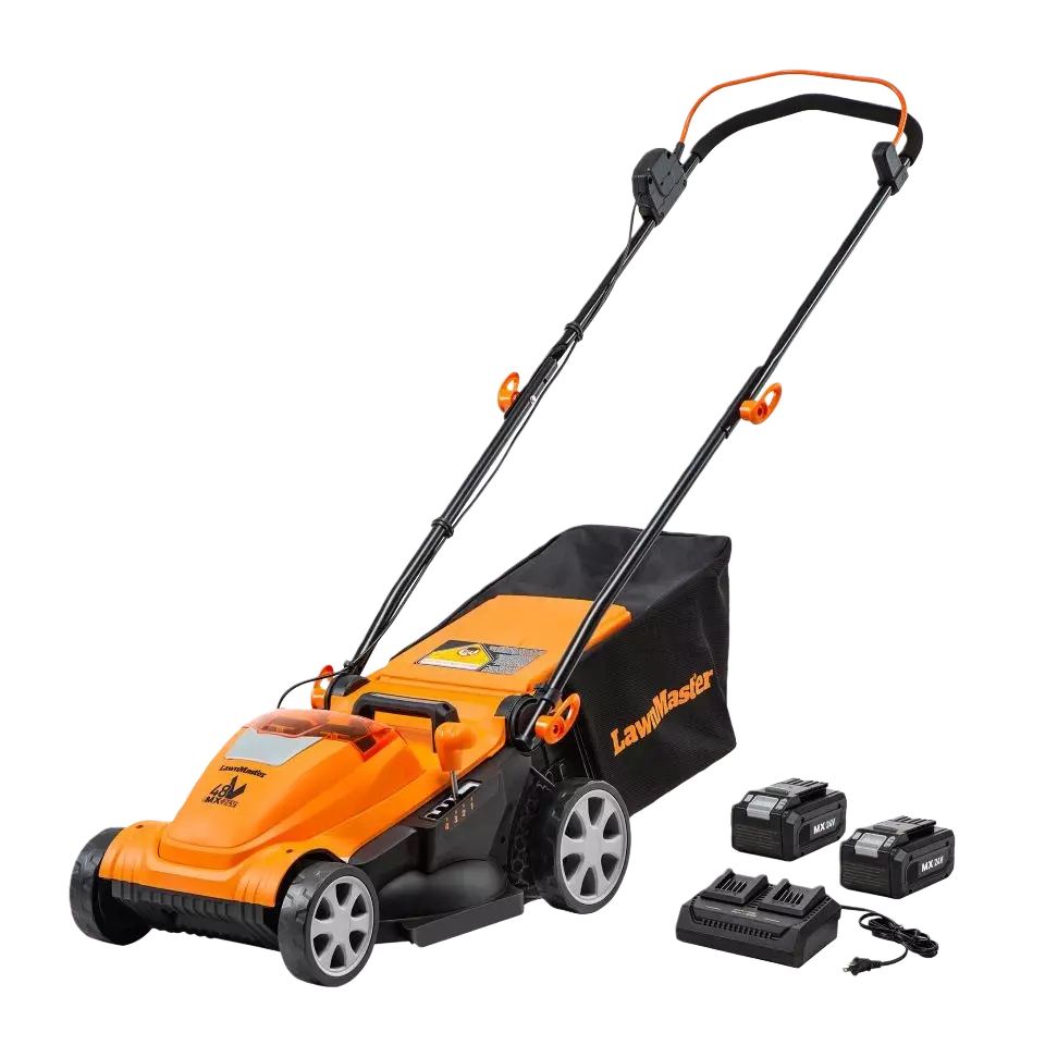 Orange and black lawn mower with accessories on a white background