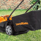 Lawn mower with a black cover featuring 'Lawn Master' branding on grass.