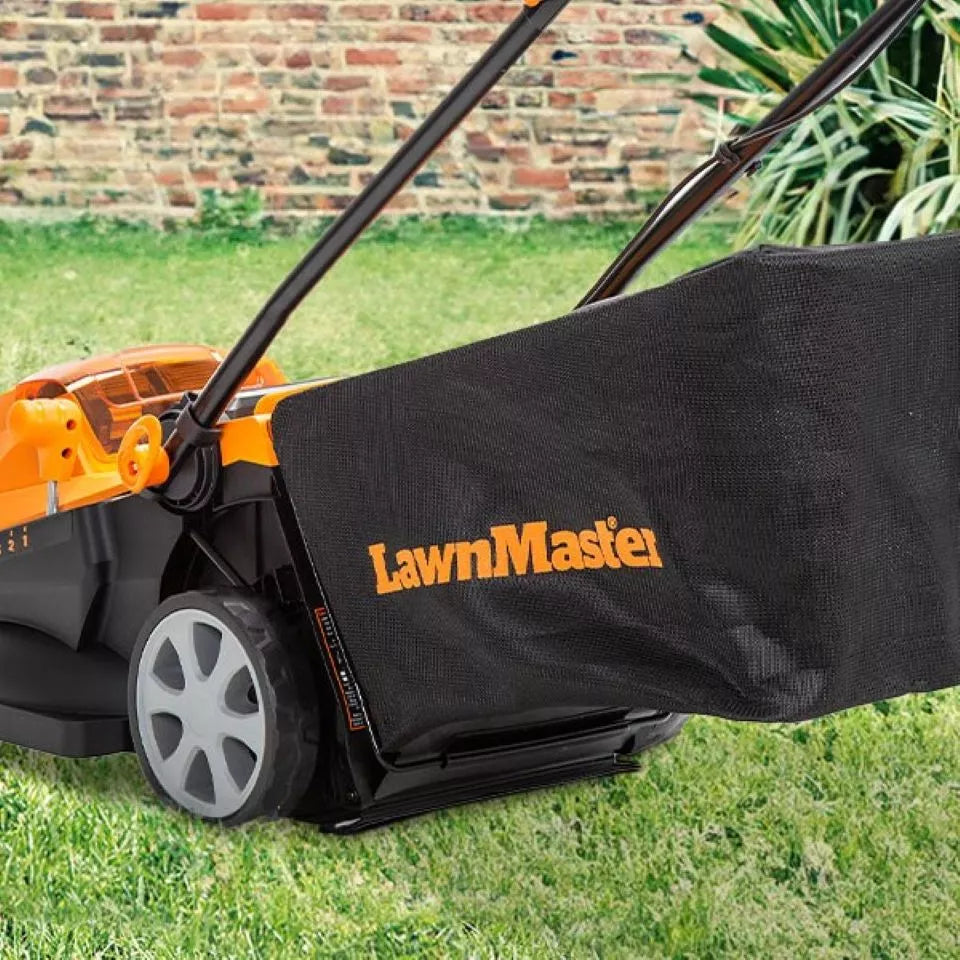 Lawn mower with a black cover featuring 'Lawn Master' branding on grass.