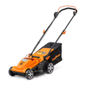 Orange and black lawn mower with 'Lawnmaster' branding on a white background
