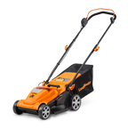 Orange and black lawn mower with 'Lawnmaster' branding on a white background