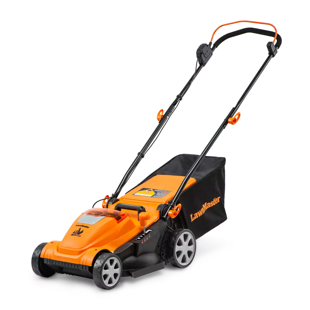 Orange and black lawn mower with 'Lawnmaster' branding on a white background