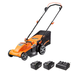 Orange and black lawn mower with additional batteries on a white background