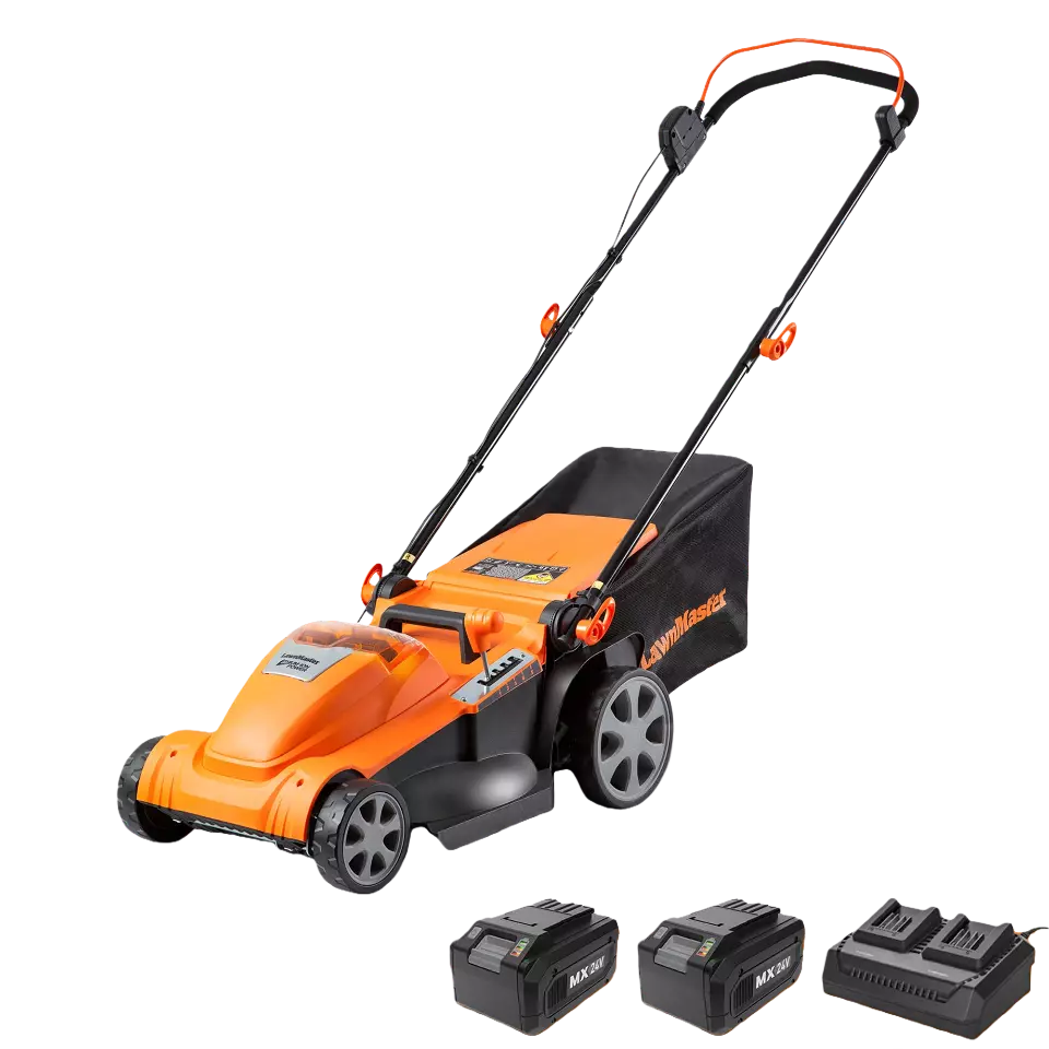 Orange and black lawn mower with additional batteries on a white background