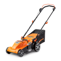 Orange and black lawn mower on a white background