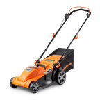 Orange and black lawn mower on a white background