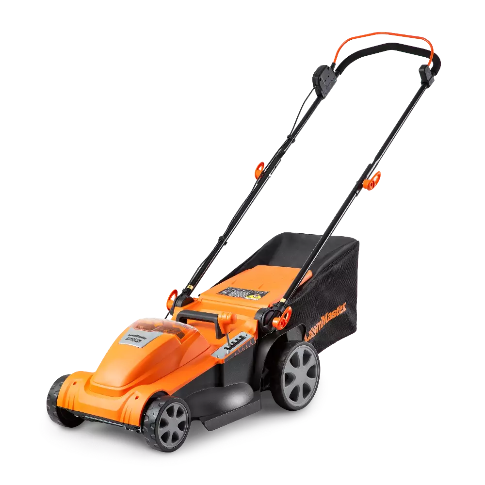 Orange and black lawn mower on a white background