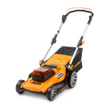 Orange and black lawn mower on a white background