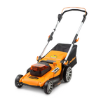 Orange and black lawn mower on a white background