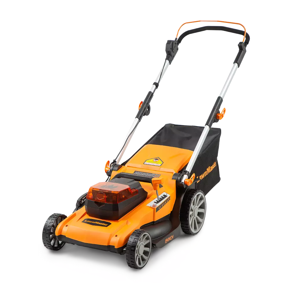 Orange and black lawn mower on a white background