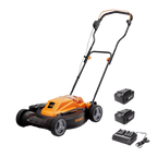Electric lawn mower with battery and charger on a white background