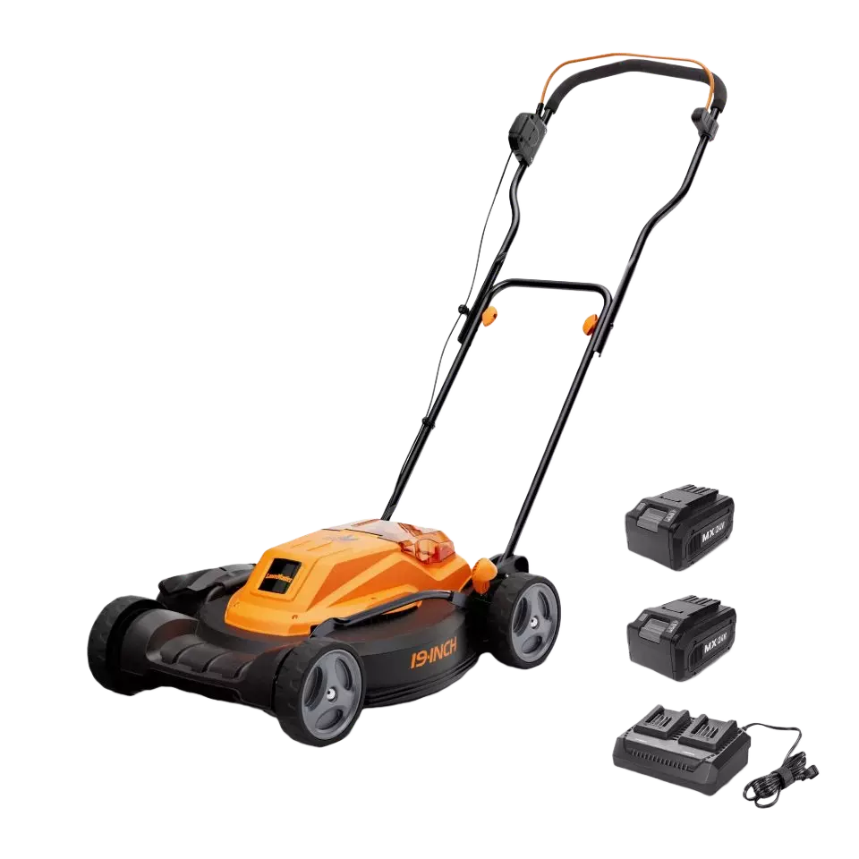 Electric lawn mower with battery and charger on a white background
