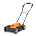 Orange and black lawn mower on a white background