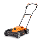 Orange and black lawn mower on a white background