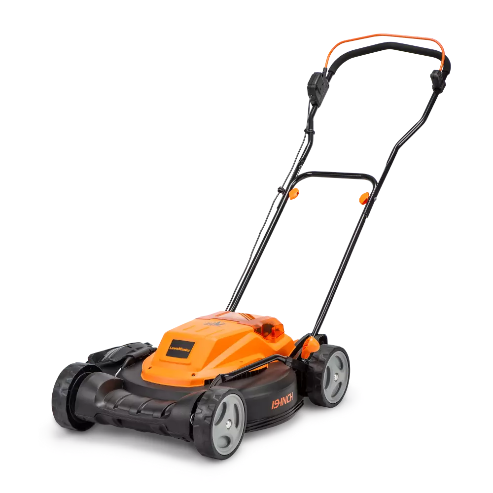 Orange and black lawn mower on a white background