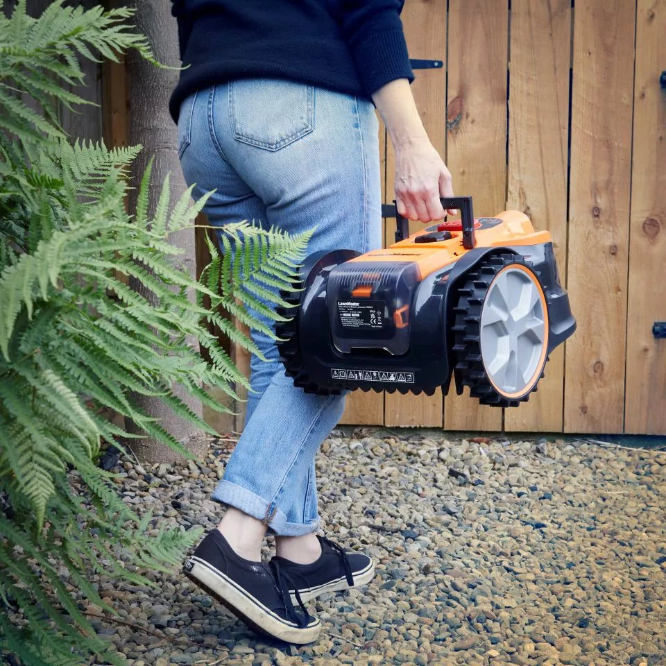 Person holding a lawn mower in a garden setting