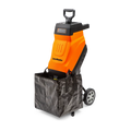 Orange and black leaf blower with a black bag on a white background