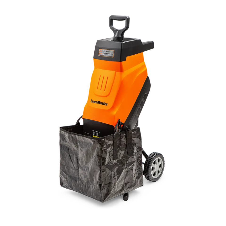 Orange and black leaf blower with a black bag on a white background