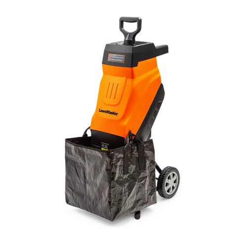 Orange and black leaf blower with a black bag on a white background