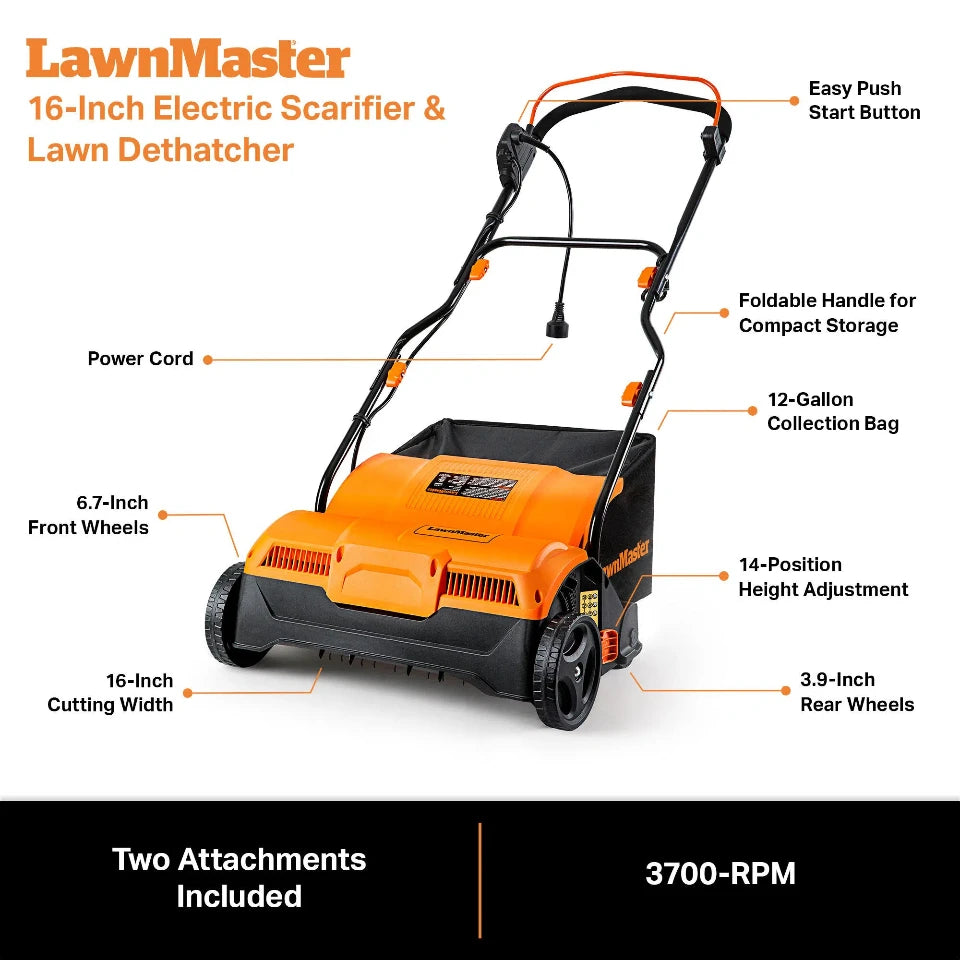 LawnMaster 16-Inch Electric Scarifier & Lawn Dethatcher with features highlighted on a white background