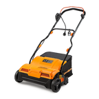 Orange and black lawn mower on a white background