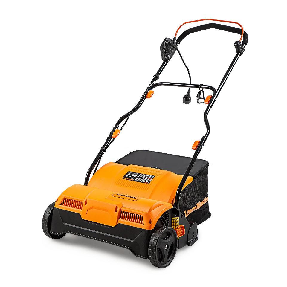 Orange and black lawn mower on a white background