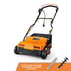 Orange and black lawn mower with dethatcher and scarifier cylinders on a white background