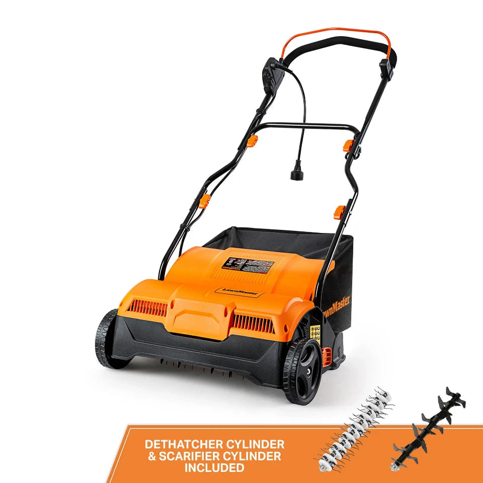 Orange and black lawn mower with dethatcher and scarifier cylinders on a white background