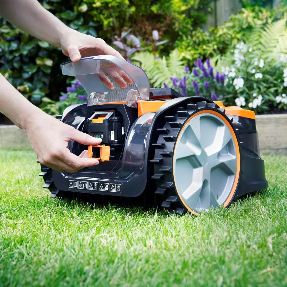 Person interacting with a robotic lawn mower on grass