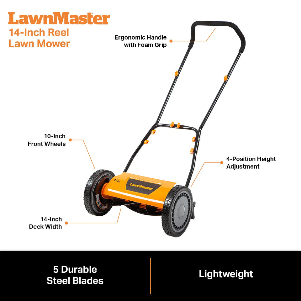 LawnMaster 14-inch reel lawn mower with features highlighted on a white background