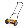 Orange and black lawn mower on a white background