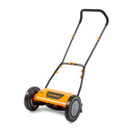 Orange and black lawn mower on a white background