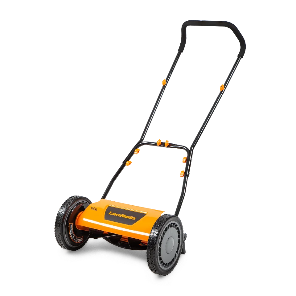 Orange and black lawn mower on a white background