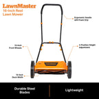 LawnMaster 16-inch reel lawn mower with features highlighted on a white background