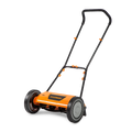 Orange and black lawn mower on a white background